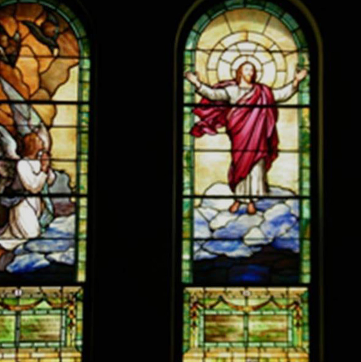 Stain glass windows inside the Trinity United Methodist Church